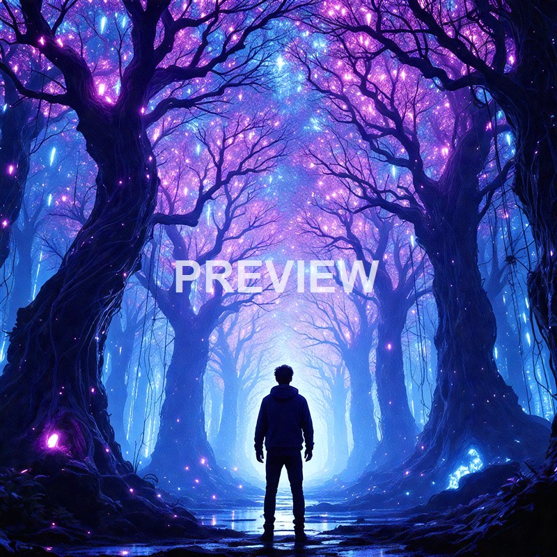 A person standing in a mystical, glowing forest with tall, twisting trees illuminated by purple and blue lights, creating an enchanted atmosphere.